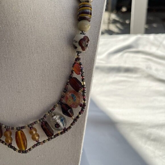 Vintage Amber & Glass Faceted Bead and Porcelain Flower Boho Necklace 21 inches - Picture 3 of 15